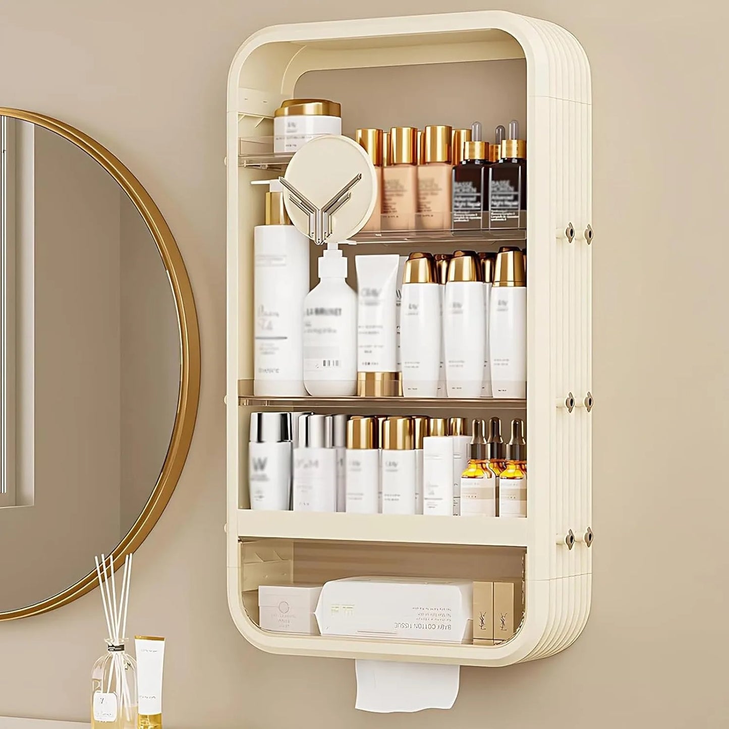 Hign-concerned Wall Mount Makeup Organizer Adhesive Shelf With Tissue Hole