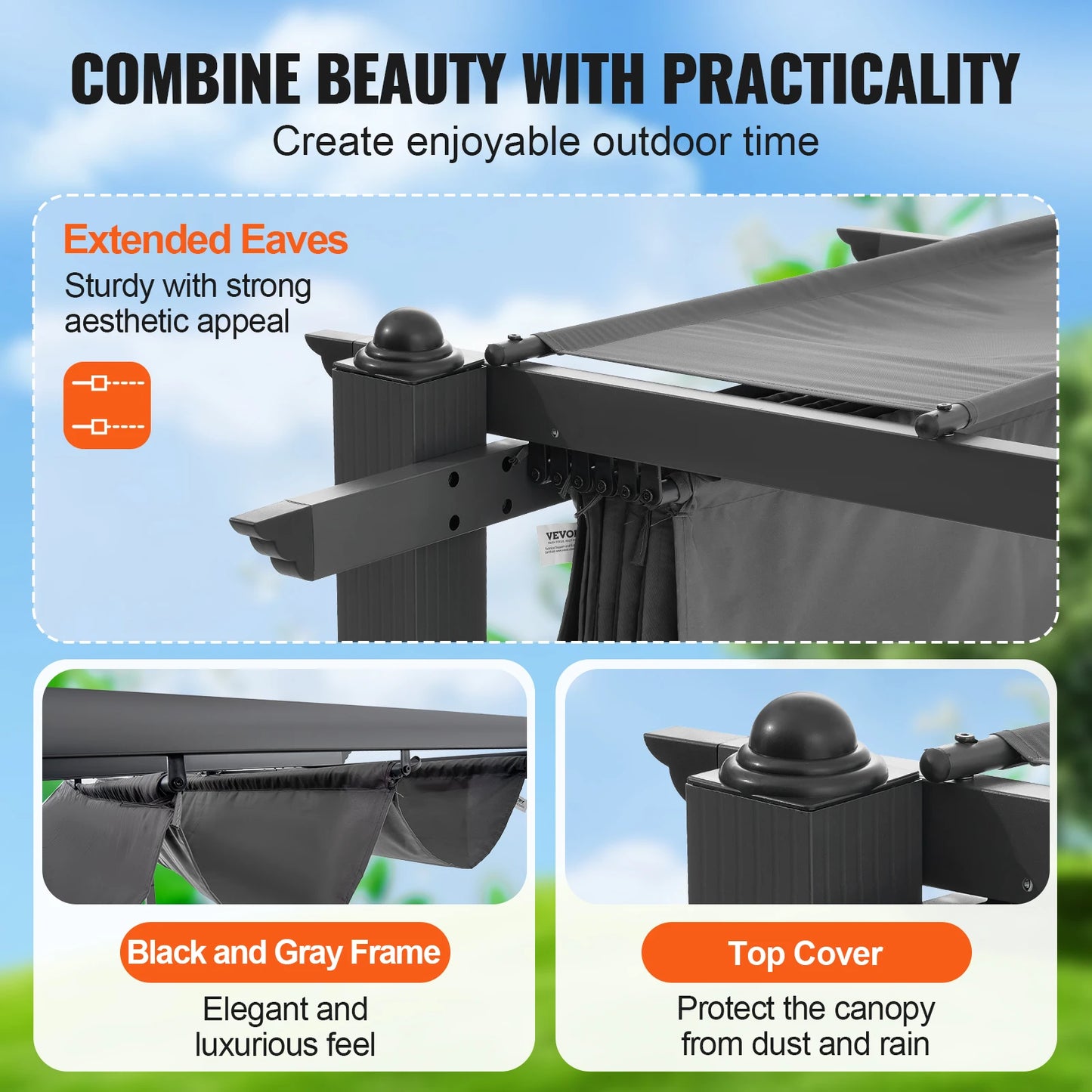 VEVOR Aluminum Outdoor Retractable Pergola With Canopy