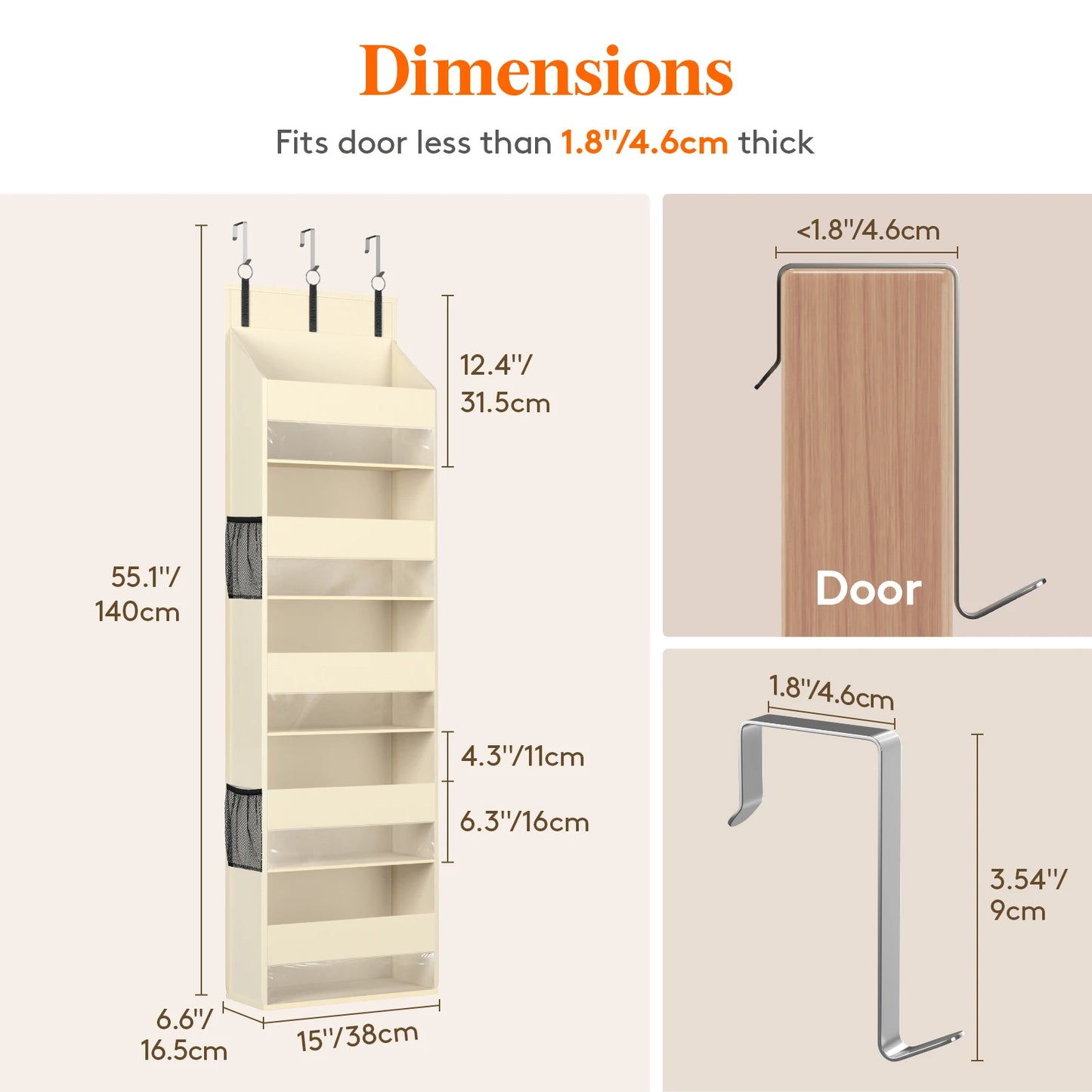 Over the Door Organizer, 5 Shelf Clear Window Hanging Storage with 4 Mesh Side Pockets, Anti Tilt 40 lbs Load Behind Door