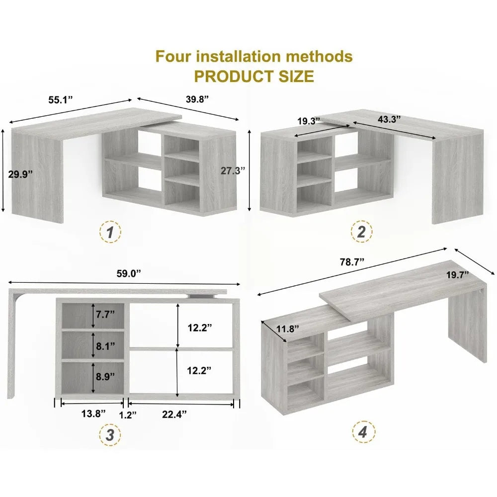 Gray L Shaped Corner Desk with Storage Shelves, Reversible L Shape Computer Desk with Storage Cabinet, Adjustable Corner Home O