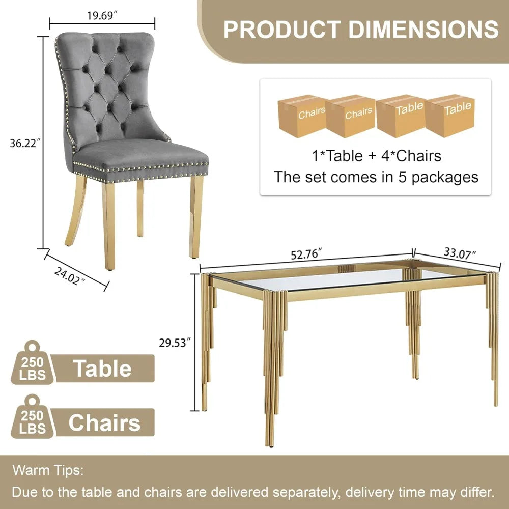 5 Piece Glass Dining Table Set for 4, 53" Rectangle Kitchen Table with 4 Gray Velvet Upholstered Chairs, Tempered Glass Tabletop