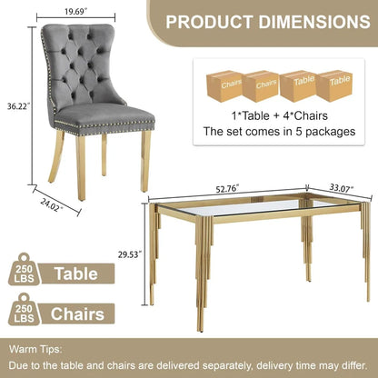 5 Piece Glass Dining Table Set for 4, 53" Rectangle Kitchen Table with 4 Gray Velvet Upholstered Chairs, Tempered Glass Tabletop
