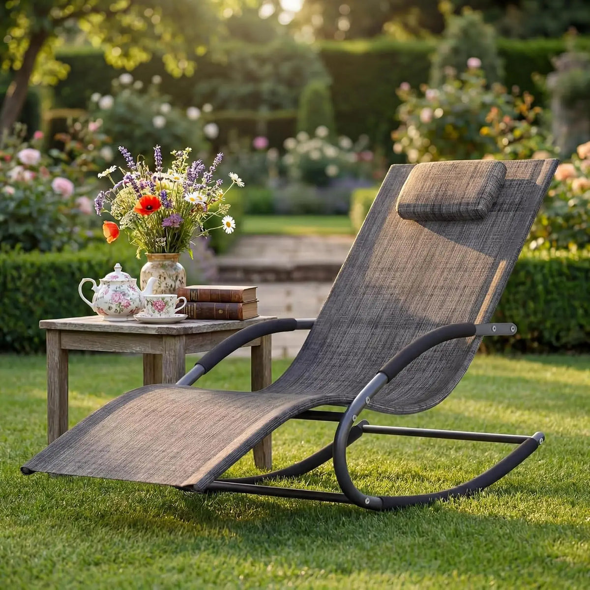HiMISS Outdoor Rocking Lounge Chair With Detachable Pillow