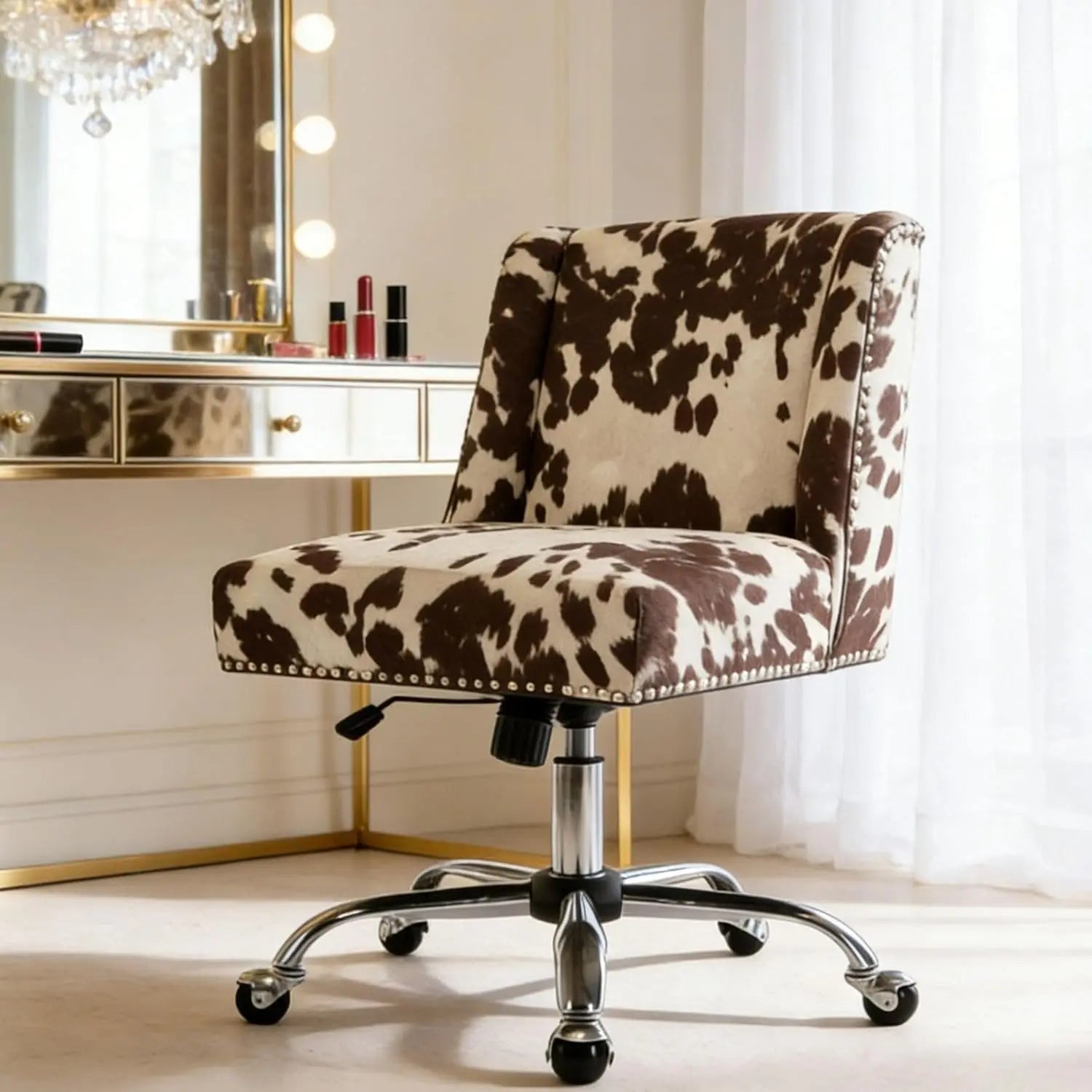 Cow Print Adjustable Swivel Fabric Office Chair Armless Upholstered Accent for Home Office Living Room Bedroom, Customized