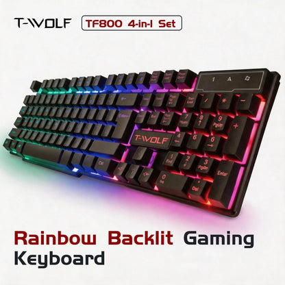T-WOLF RGB Gaming Keyboard Mouse Headset Mousepad Combo LED Backlit