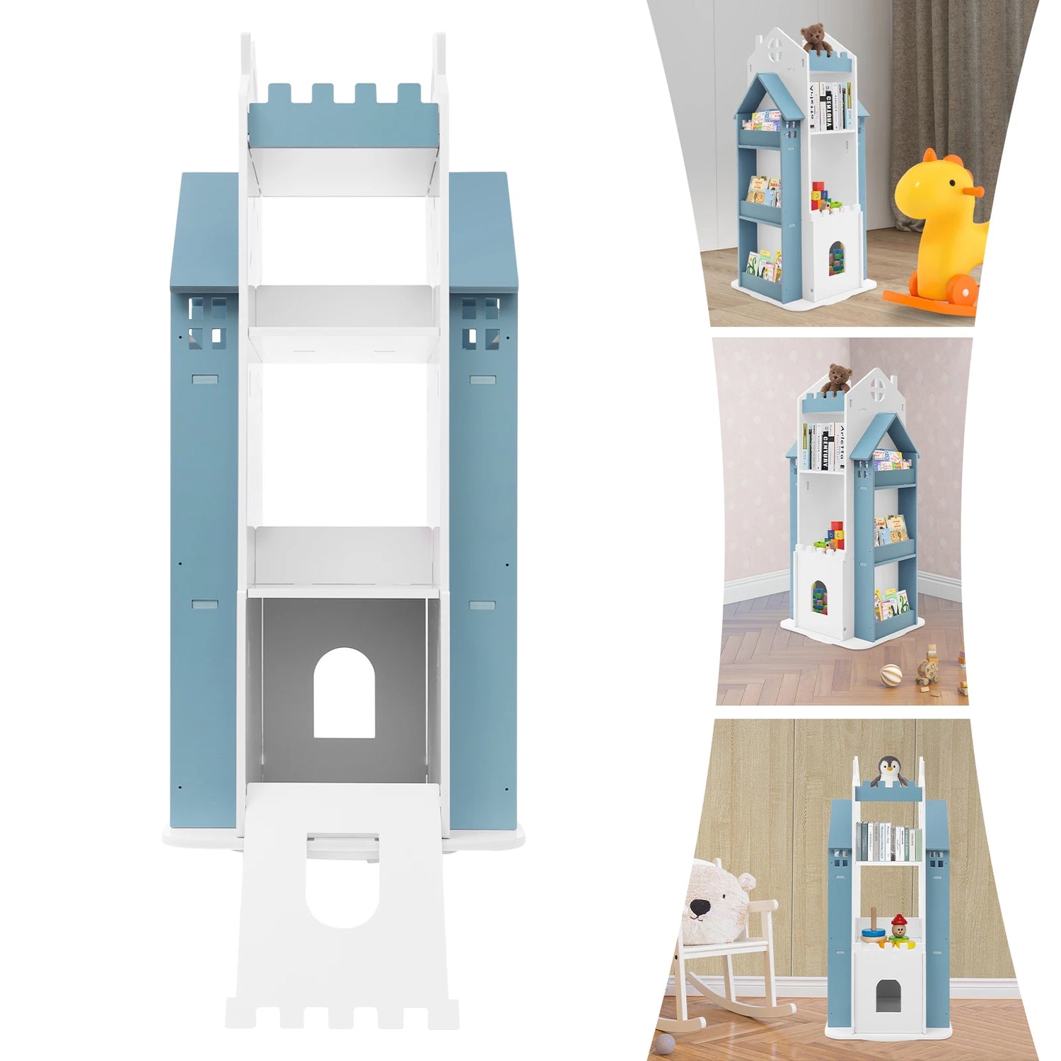 Rotating Kids Bookshelf 7 Tier Castle Design Book Toy Storage Organizer Book Display Shelf for Home Bedroom,3 Colors