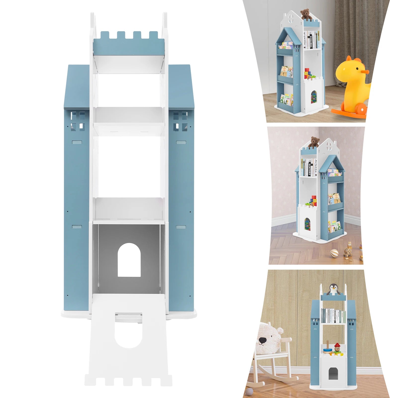 Rotating Kids Bookshelf 7 Tier Castle Design Book Toy Storage Organizer Book Display Shelf for Home Bedroom,3 Colors