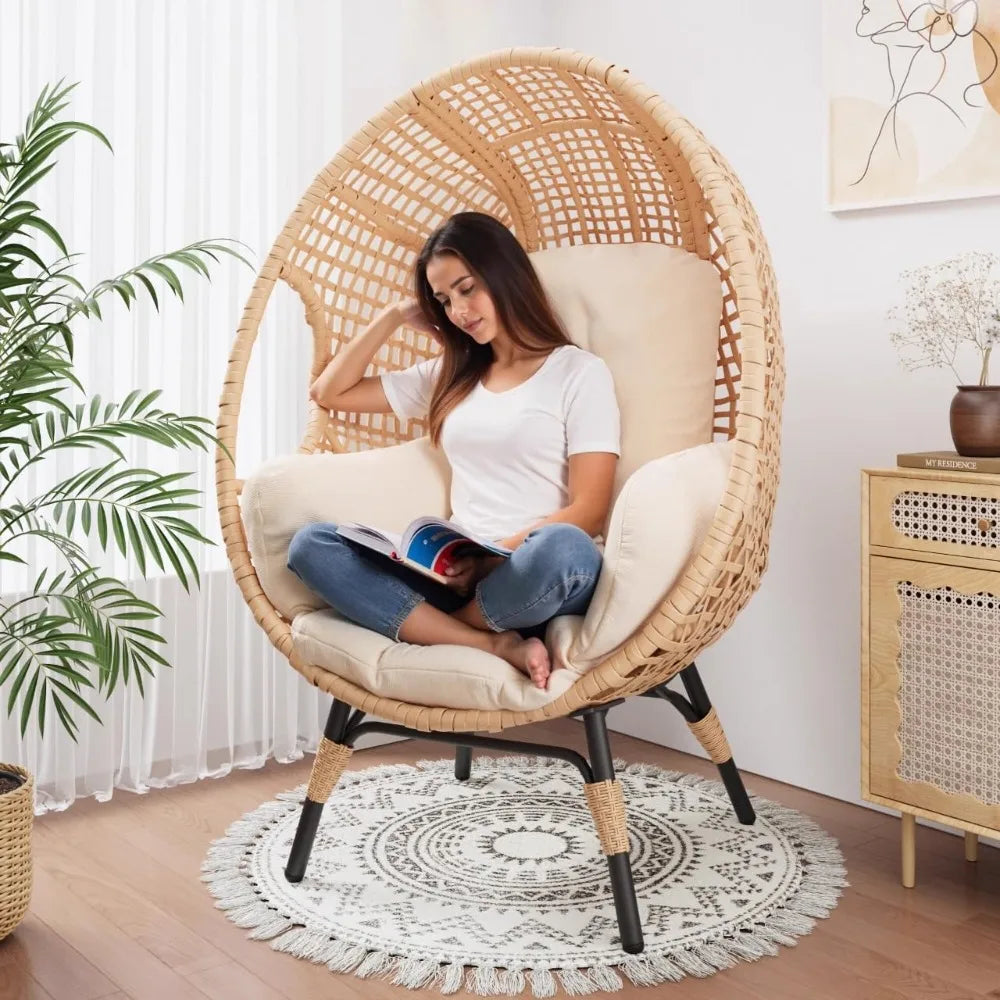 2 Pcs Oversized Wicker Egg Chair with Cushion, 500lbs Capacity, Indoor Outdoor Rattan Patio Lounge for Living Room Balcony