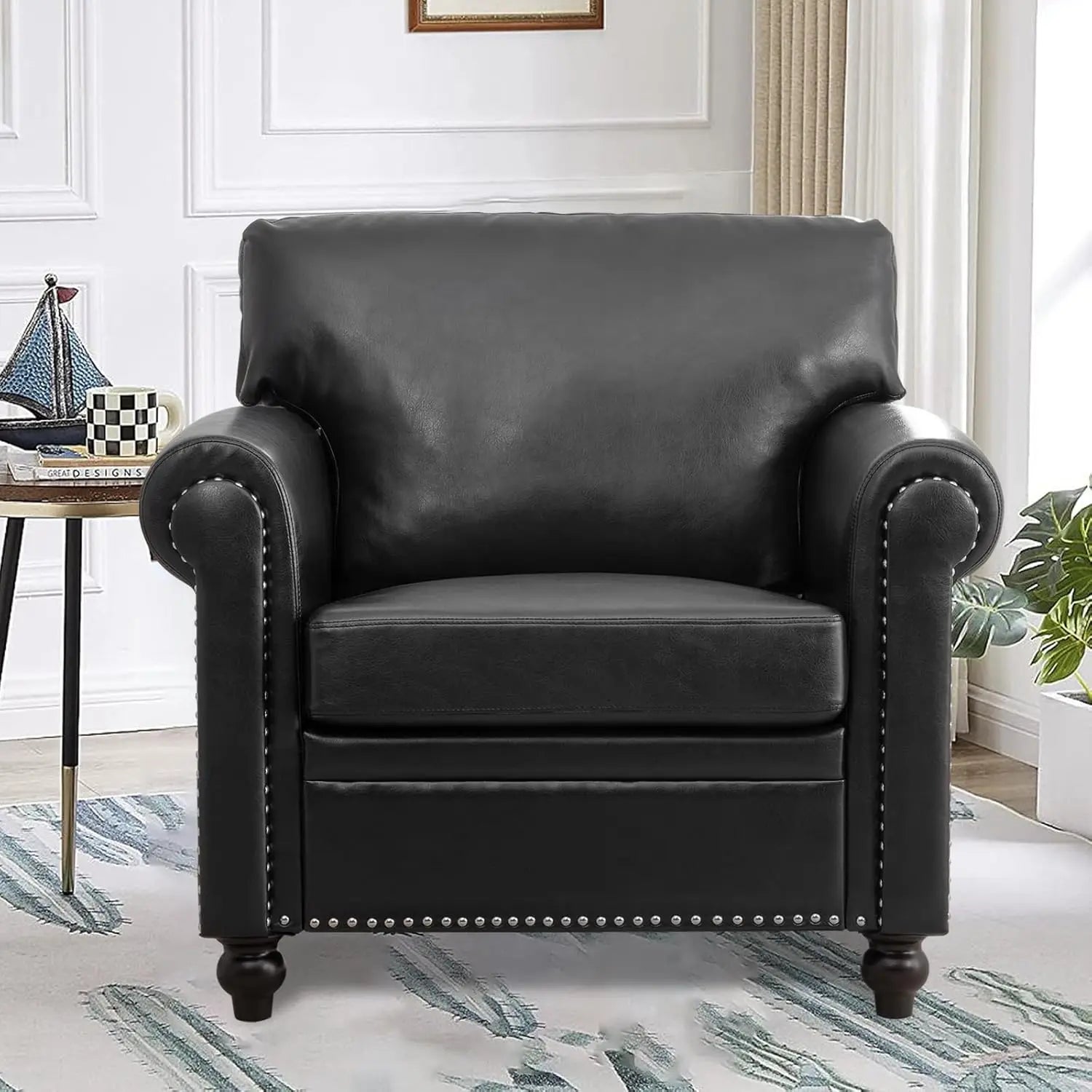 Brown Faux Leather Chair，Mid Century Modern Accent Chair Set for Office Bedroom Living Room with Deep Seats Detachable Cushions