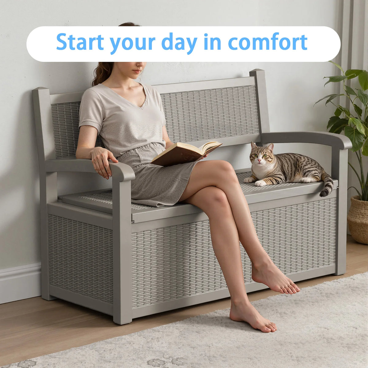 Weatherproof Rattan Look Outdoor Storage Bench for Patio and Garden