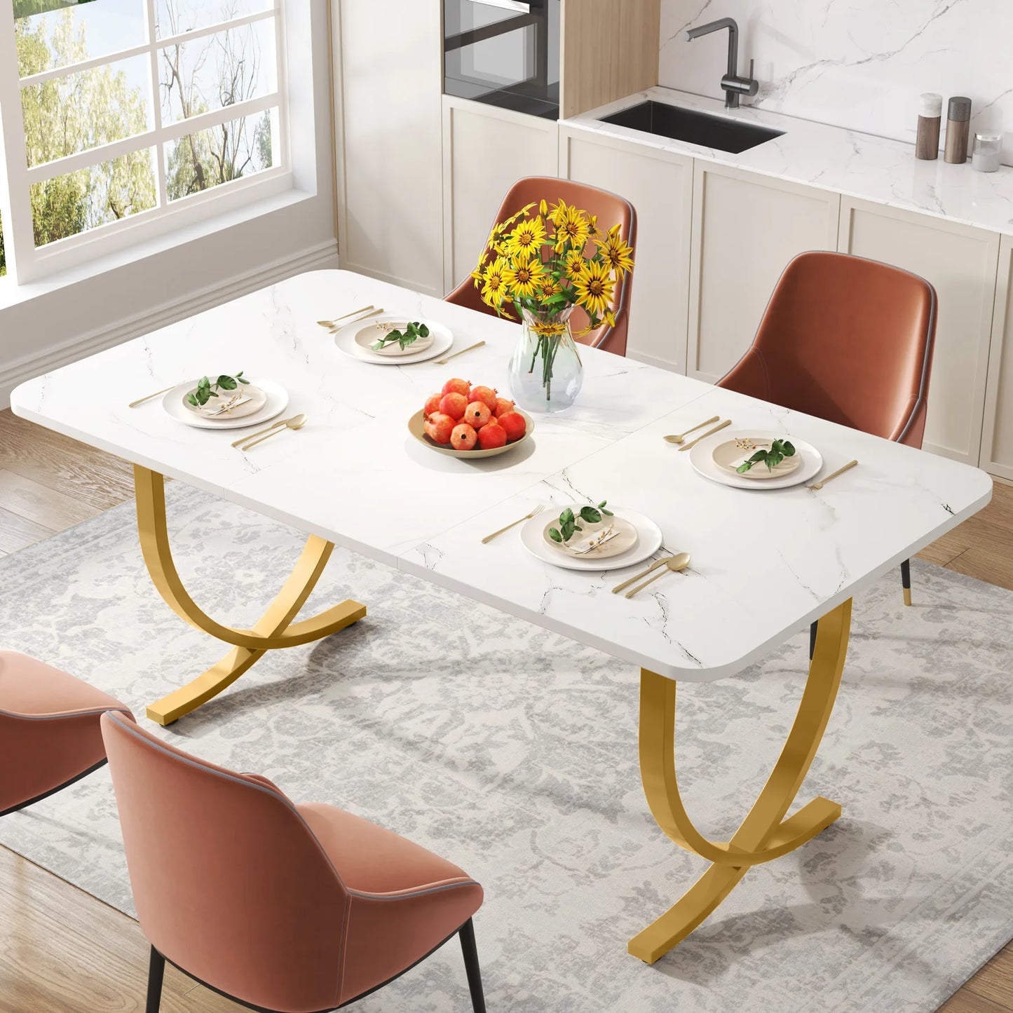 Tribesigns Modern Dining Table With Faux Marble Top For Kitchen Dining Room Solid Wood Base