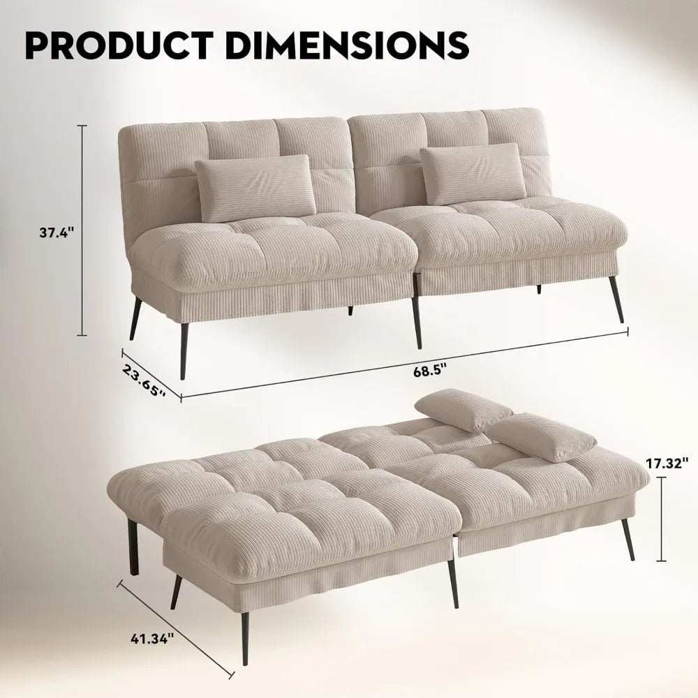 Convertible Futon Sofa Bed, 68" Corduroy Futon Couch with Adjustable Backrest, Folding Loveseat for Living Room, Bedroom (Cream