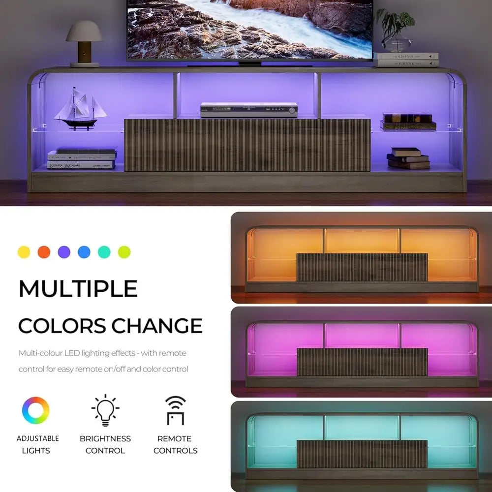 TV Stand or 60/65/70 Inch TVs, ern Curved TV ole with LED Lights, 2 Ders &amp; Glass Shelves, Living Room Entertainment Center