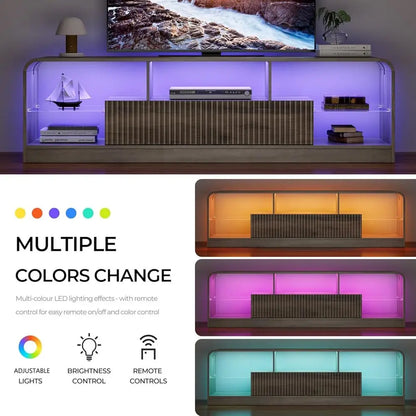 TV Stand or 60/65/70 Inch TVs, ern Curved TV ole with LED Lights, 2 Ders &amp; Glass Shelves, Living Room Entertainment Center