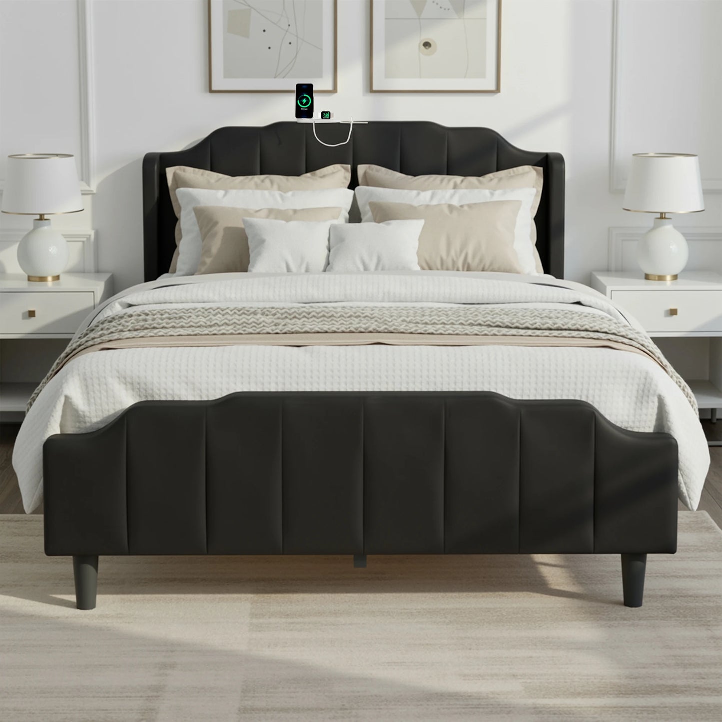 HOOMIC Velvet Platform Bed Frame With Headboard And Charging Station