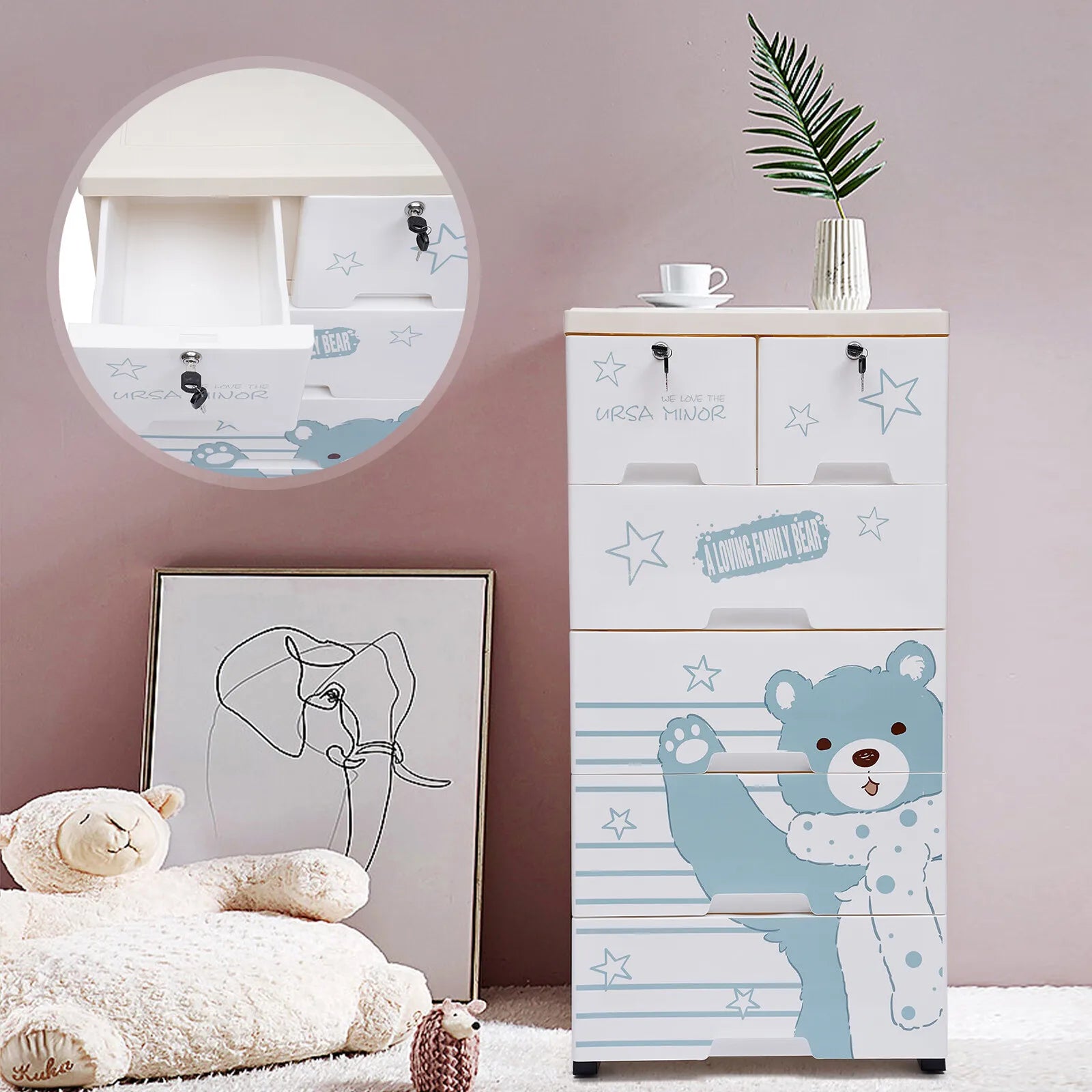 5 Layers Polar Bear Closet Tall Dresser Organizer Dolls Storage Cabinet 6 Drawers