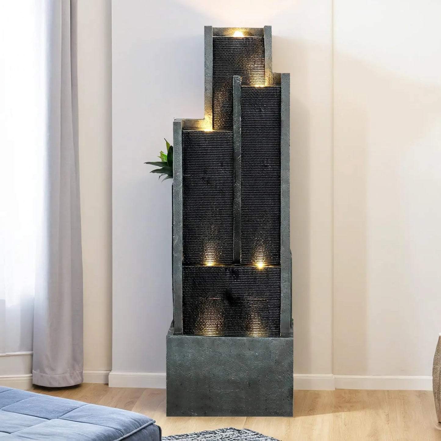 5-Tier Modern Water Fountain, Indoor/Outdoor Resin Water Fountains with Soothing Water Sounds & WarmLED Light