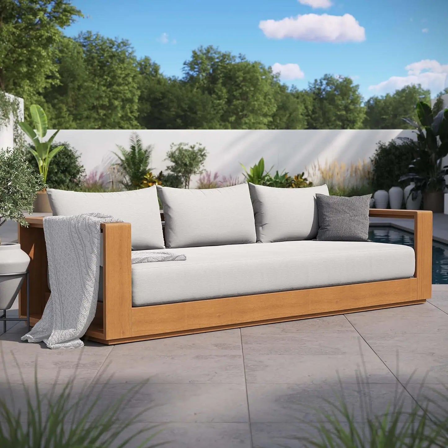 XMSJ Tahoe Acacia Wood Outdoor Patio Sofa Weather Resistant Cushions Porch Sunroom