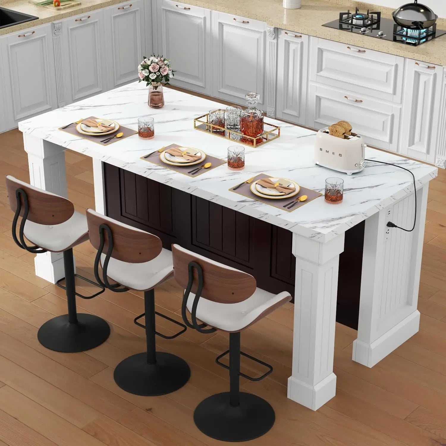 71" Large Imitation Marble Dining Table for 4-6 People, Island Table with LED Lights, Marble Stripes Kitchen Dining Tabl