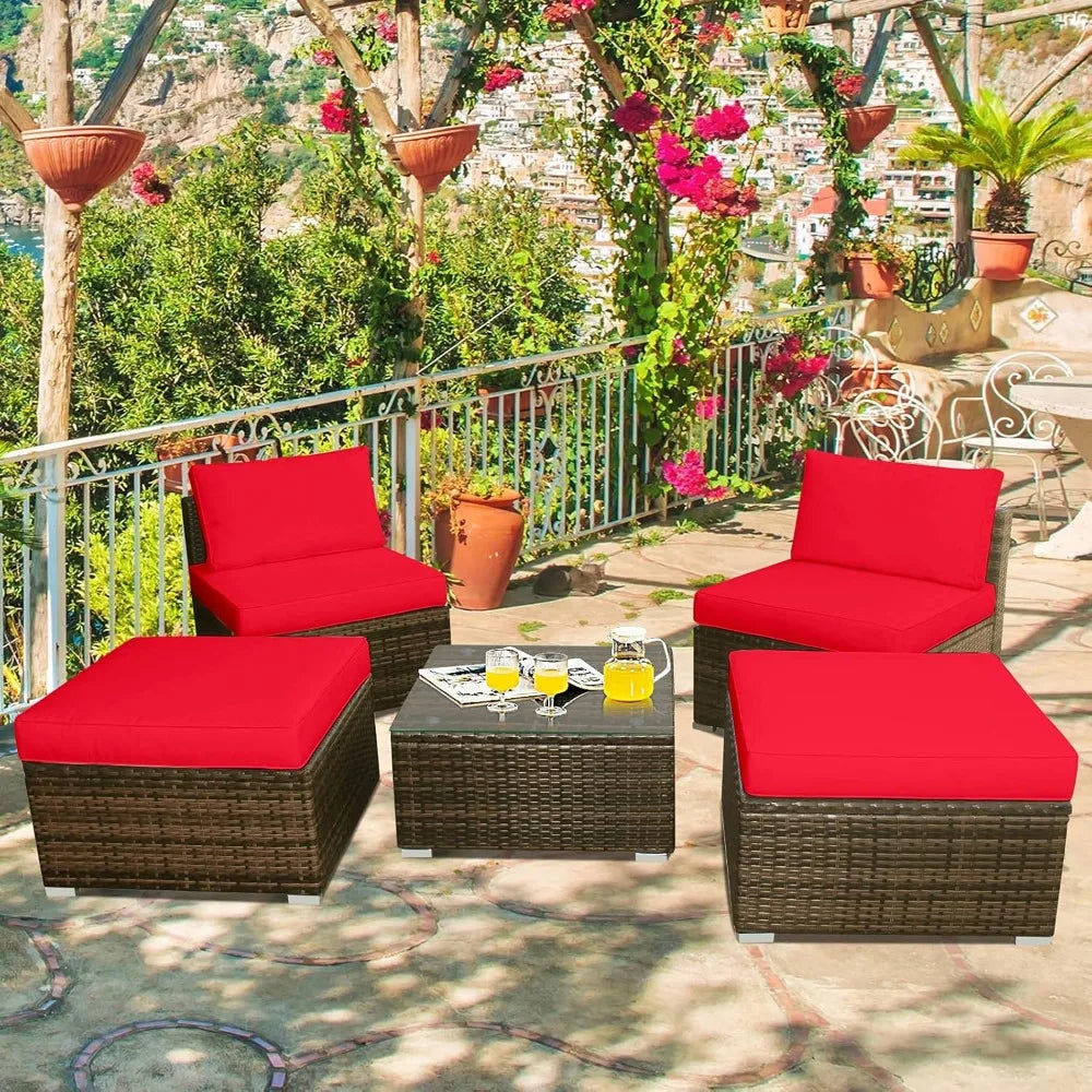 Outdoor Rattan Wicker 5 Piece Chaise Lounge Set With Ottoman