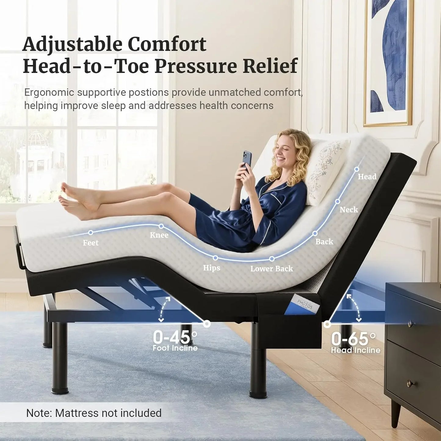 T600 Adjustable Bed Frame Queen Size with Remote & Massage - Electric Beds Bases, Zero Gravity, Dual Side USB, Side Pockets