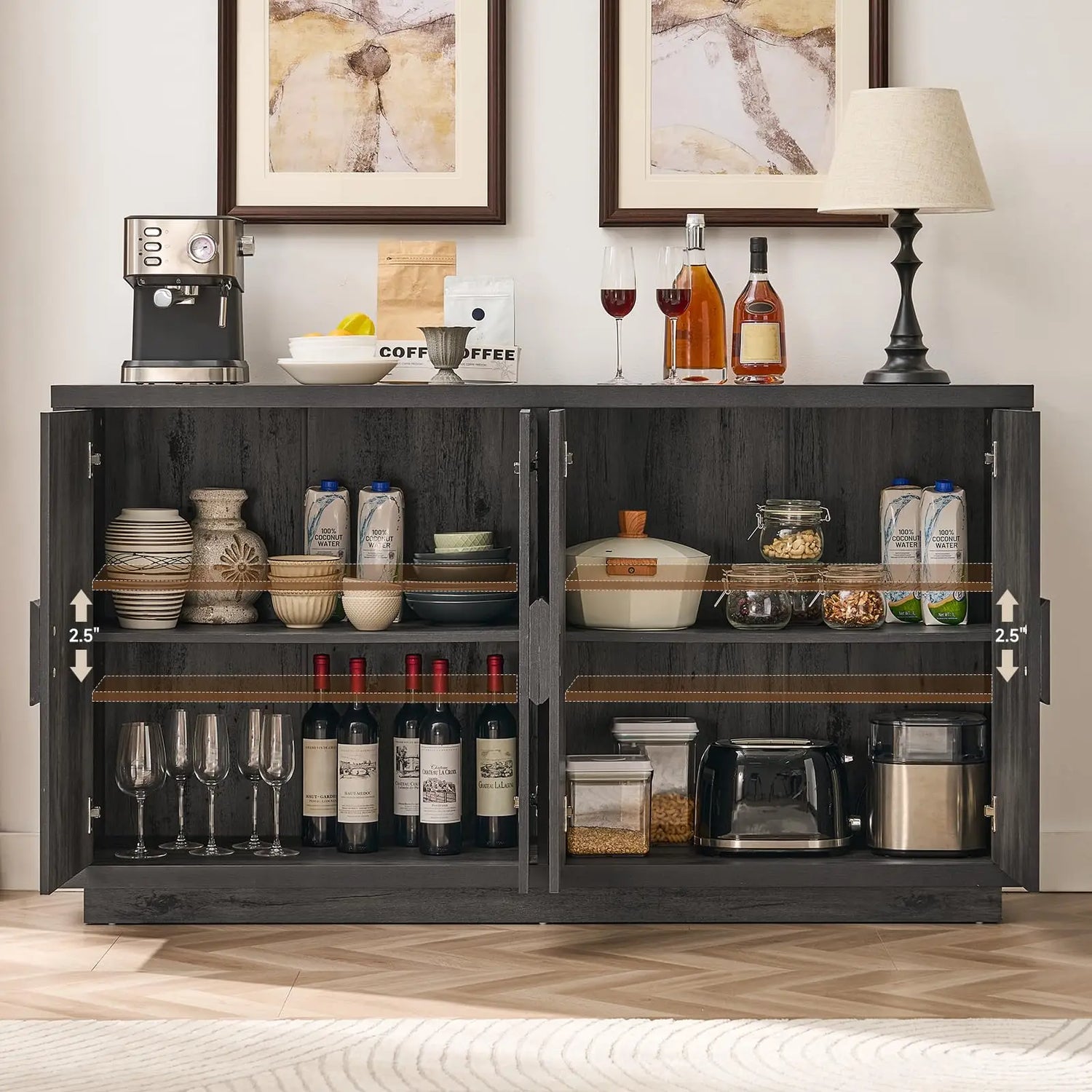 Buffet Cabinet With Storage, 63" Mid-Century Modern Sideboard Cabinet With 4 Doors &amp; Shelves, Kitchen Coffee Bar Credenza