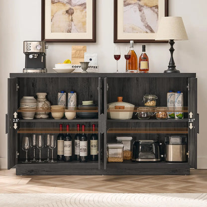 Buffet Cabinet With Storage, 63" Mid-Century Modern Sideboard Cabinet With 4 Doors &amp; Shelves, Kitchen Coffee Bar Credenza