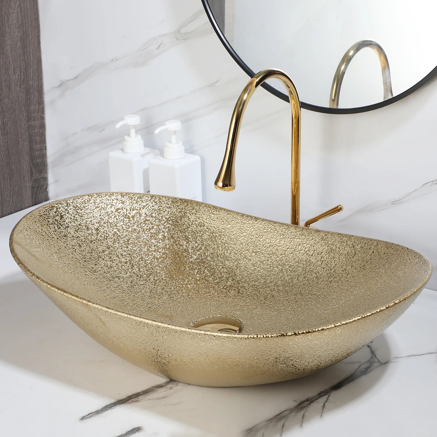 KEMAIDI Big Gold Bathroom Vessel Sink Combos Faucet And Drain Set 24x14 Inch Oval Ceramic Basin Bowl Above Counter Bowl Sinks