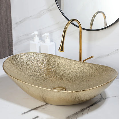 KEMAIDI Big Gold Bathroom Vessel Sink Combos Faucet And Drain Set 24x14 Inch Oval Ceramic Basin Bowl Above Counter Bowl Sinks
