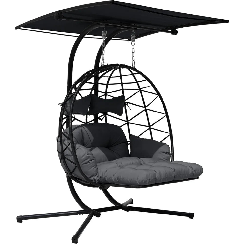 Double Egg Chair Outdoor With Stand & Adjustable Canopy, Extra Large 2 Person Patio Egg Chair With Leg Rests, Hanging Swing Chai