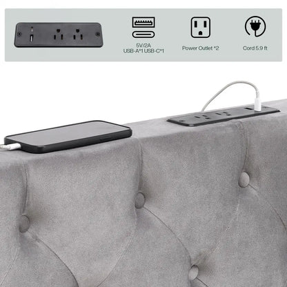 holstered Canopy Bed Frame Queen Size with 74.8 Tall Four Poster and Velvet DeepTufted Tall Headboard with Charging Station M