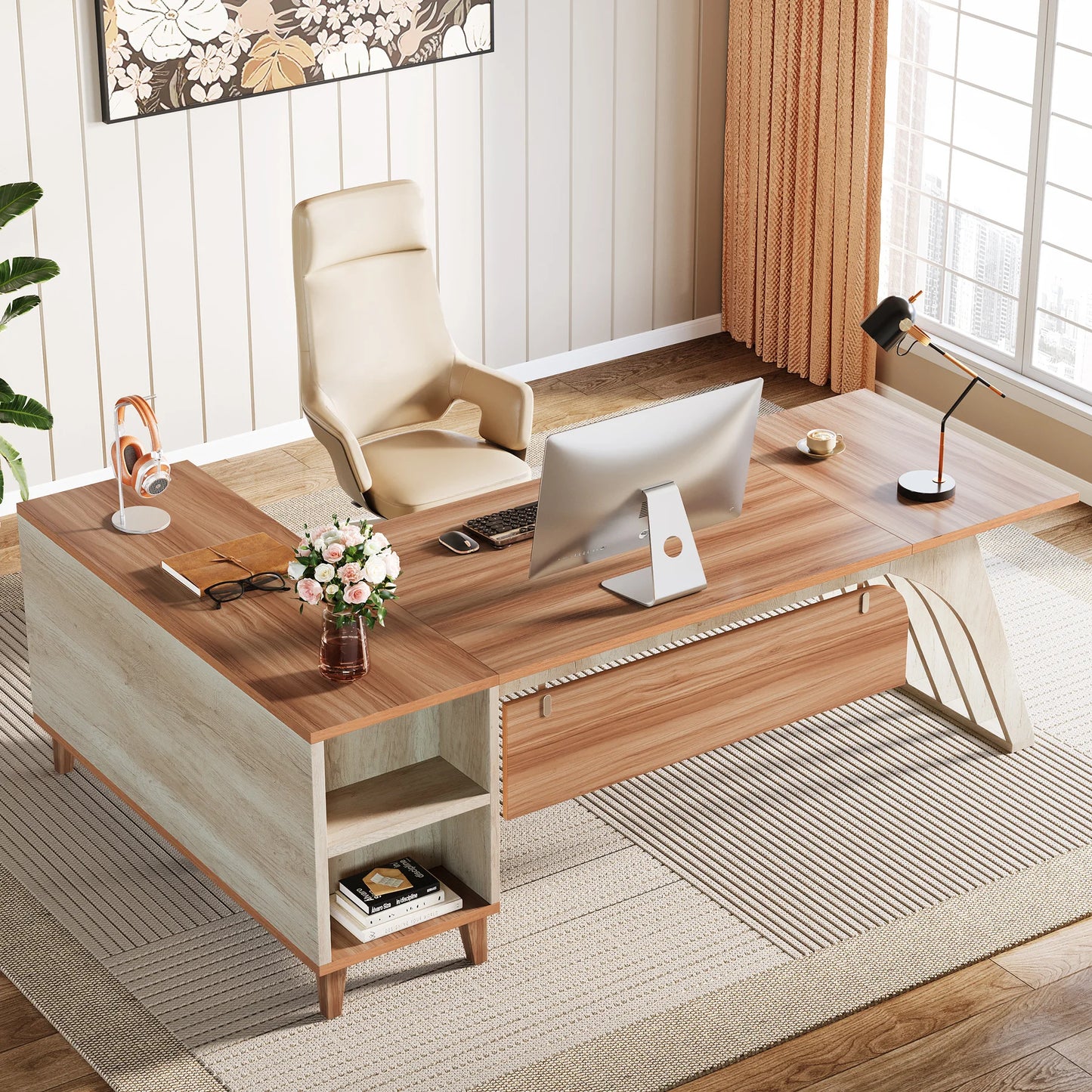 Tribesigns 78" Large L-Shaped Executive Desk, Modern Office Desk with Lateral File Cabinet and Drawer, Home Business Desk