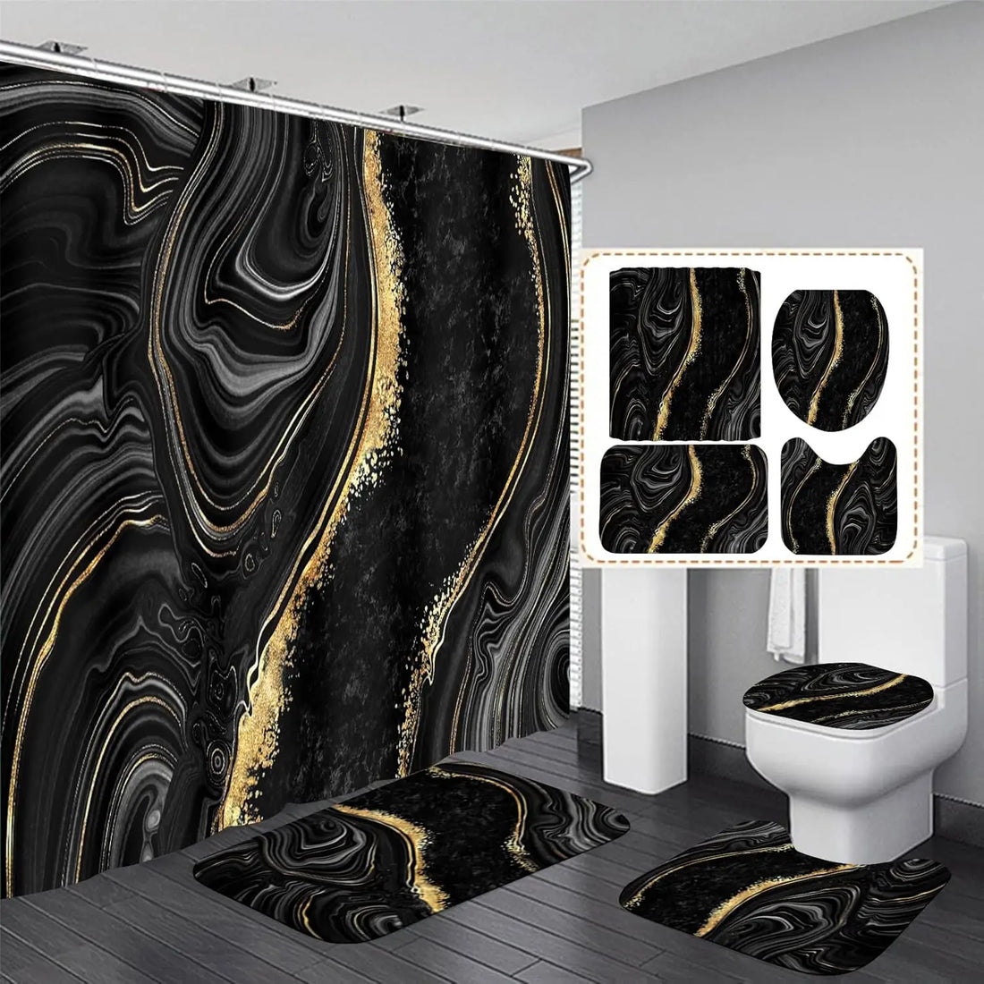 4-Piece Black Marble Shower Curtain Set with Gold Rugs, Modern Abstract Bathroom Decor Accessories Including Toilet Lid Cover