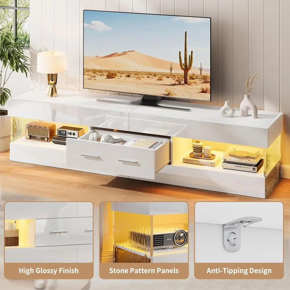 Modern High Gloss LED TV Stand With Stone Edge Storage