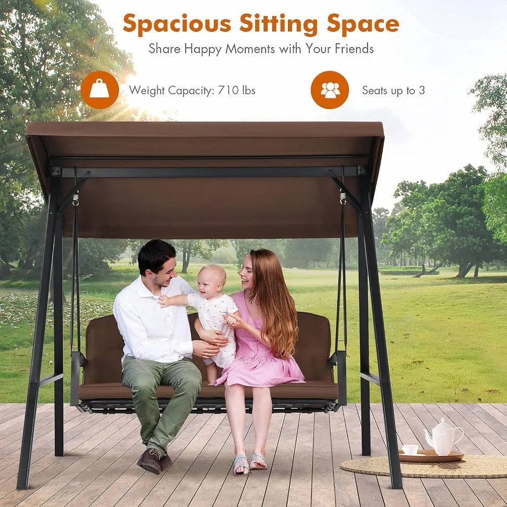 3-Seater Porch Swing, Outdoor Swing with Adjustable Tilt Canopy &amp; Removable Soft Cushions, Powder-Coated Steel Frame Patio Swin
