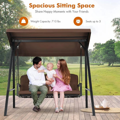 3-Seater Porch Swing, Outdoor Swing with Adjustable Tilt Canopy &amp; Removable Soft Cushions, Powder-Coated Steel Frame Patio Swin