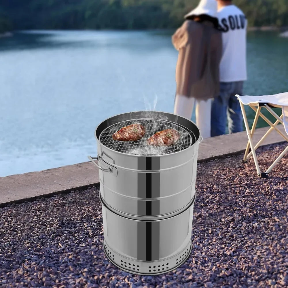Large Portable Smokeless Charcoal Grill - 360° Stainless Steel BBQ Barrel with 50 Skewers, for Camping,Picnics&Backyard Cooking