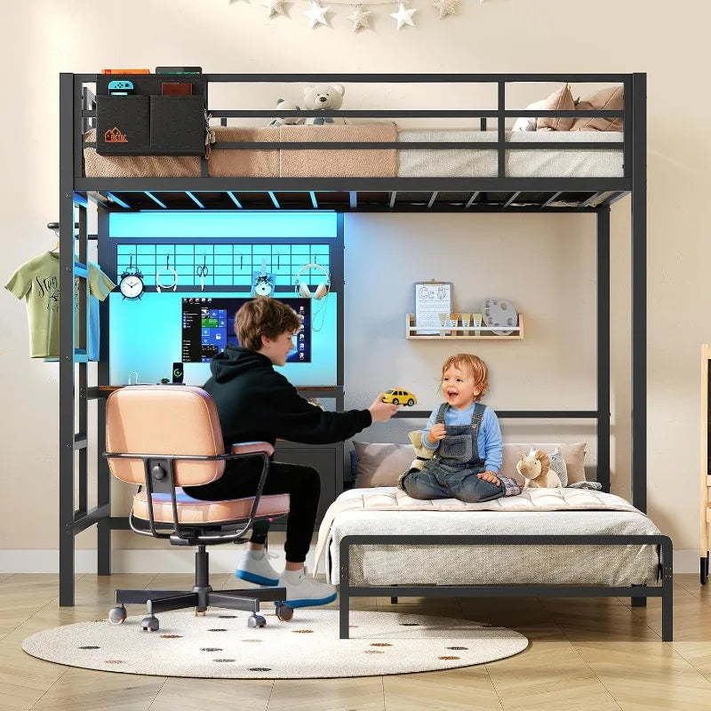 Bunk Bed with Desk,Led Lights and Charging Station Metal L-Shaped Twin Over Twin Bunk Beds with Storage Drawers and Shelv