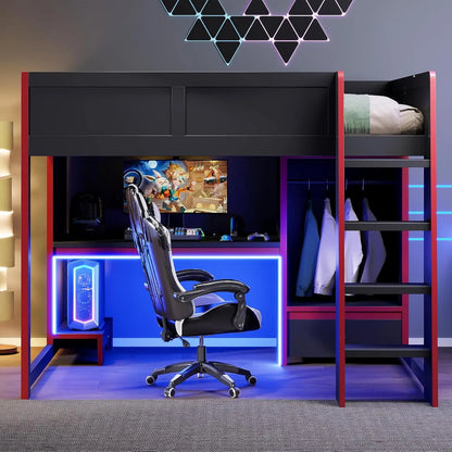 Full Wood Gaming Loft Bed Desk Storage Shelves LED Charging Station Kids Bedroom No Box Spring, Customized