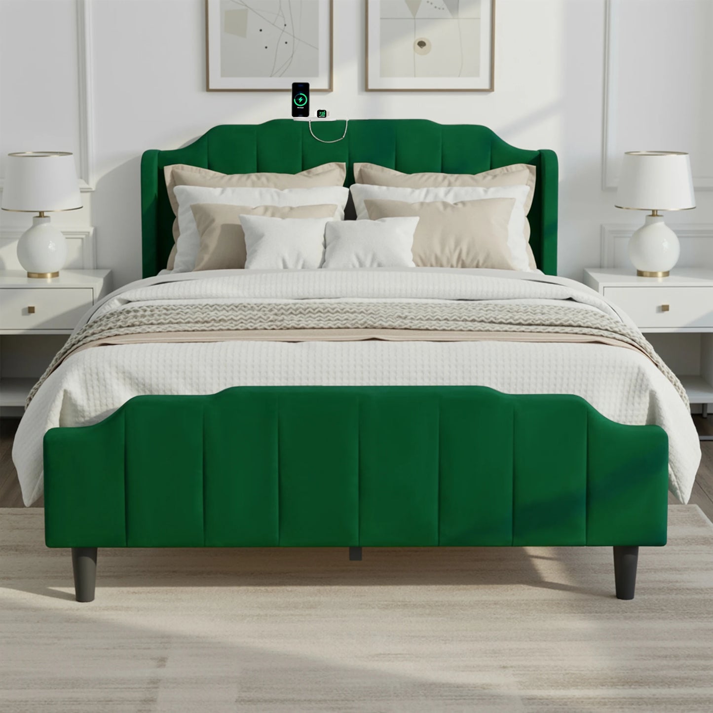 HOOMIC Velvet Platform Bed Frame With Headboard And Charging Station