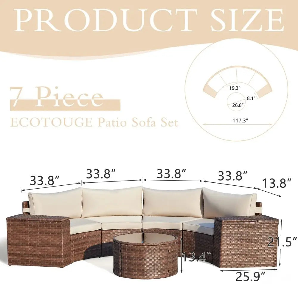 7 Piece Patio Furniture Sets, HalfMoon Circle Conversation Set, Curved Wicker Outdoor Sectional with 2 Storage Armrests and Gla