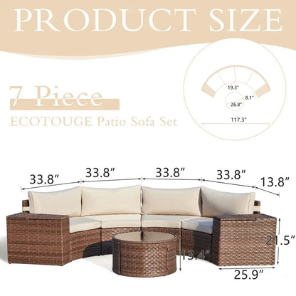 7 Piece Patio Furniture Sets, HalfMoon Circle Conversation Set, Curved Wicker Outdoor Sectional with 2 Storage Armrests and Gla