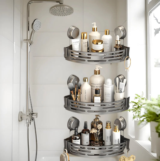 High-concerned Strong Suction Corner Shower Shelf 3-Tier Bath Organizer