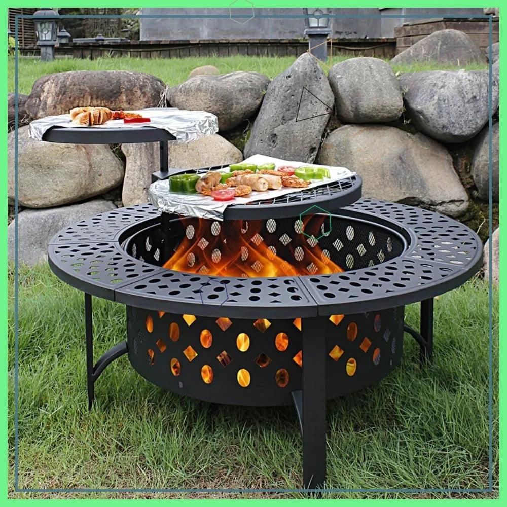 36 Inch Wood Burning Fire Pit with Grills and Tabletop, 3-in-1 Outdoor Fireplace for Patio BBQ and Parties