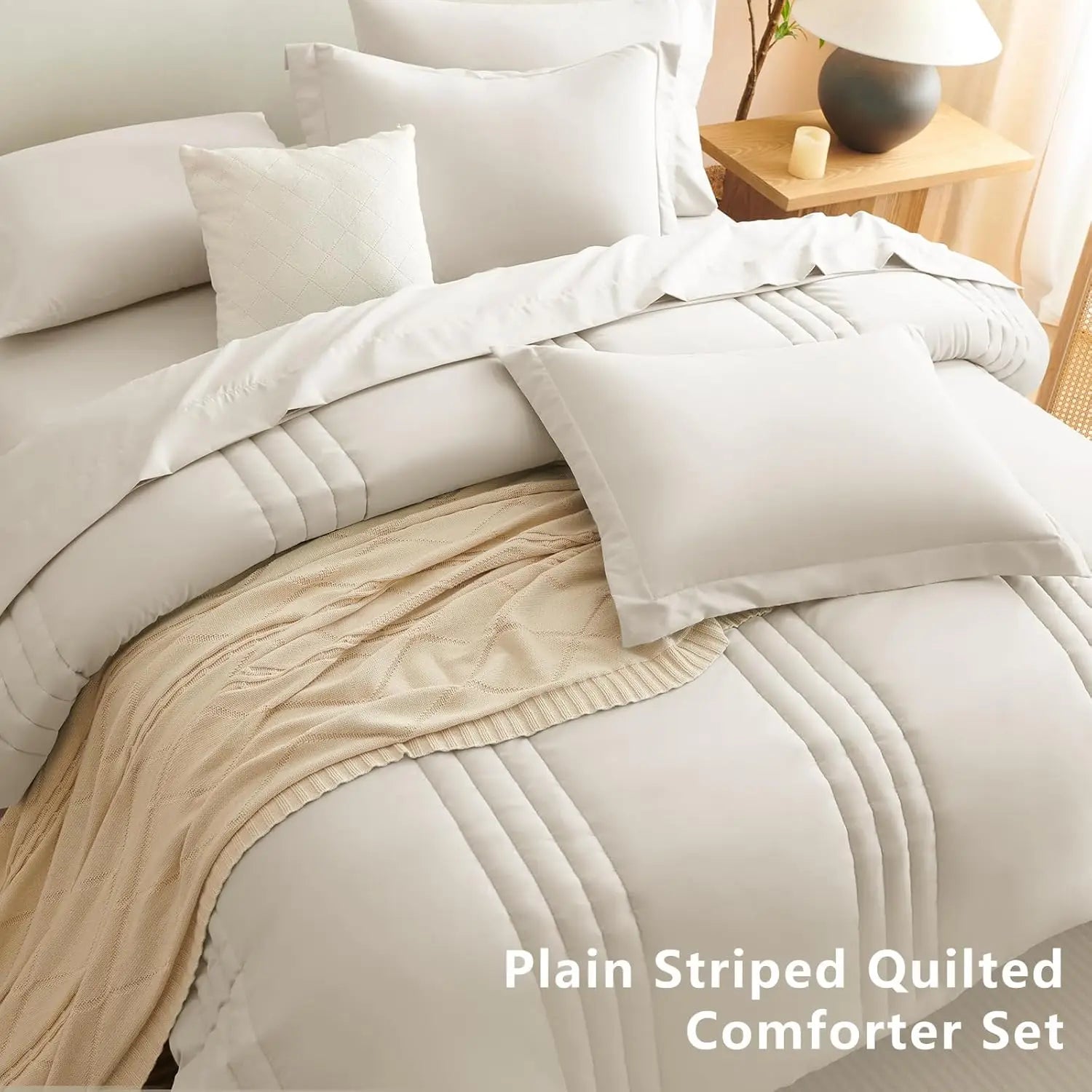 Queen Size Comforter Set - 7 Piece All Seasons Luxury Bedding with Down Alternative, Soft Sheets &amp; Pillowcases