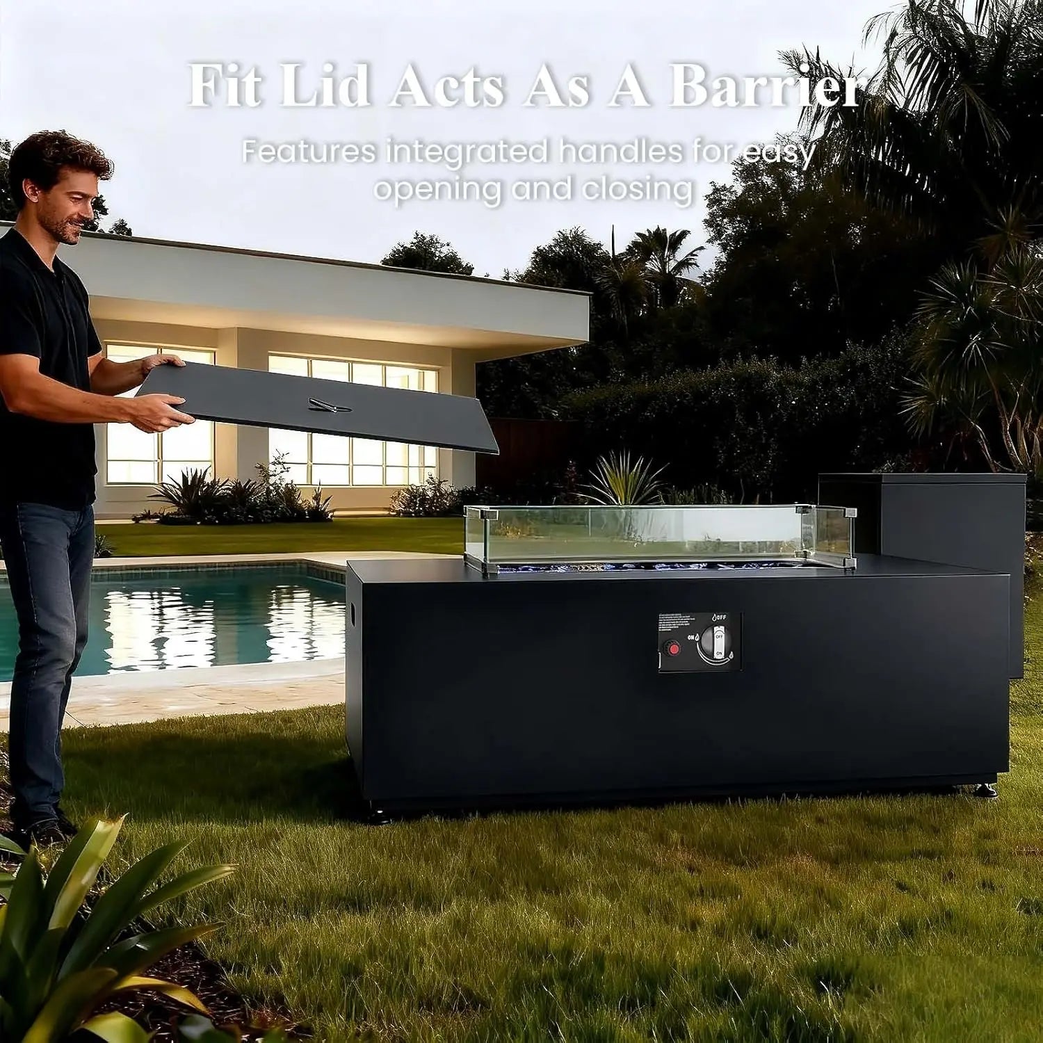 42 Inch Outdoor Fire Pit Table for Outside Patio, 55000BTU Rectangle Propane Firepit , Waterproof Cover and Lid