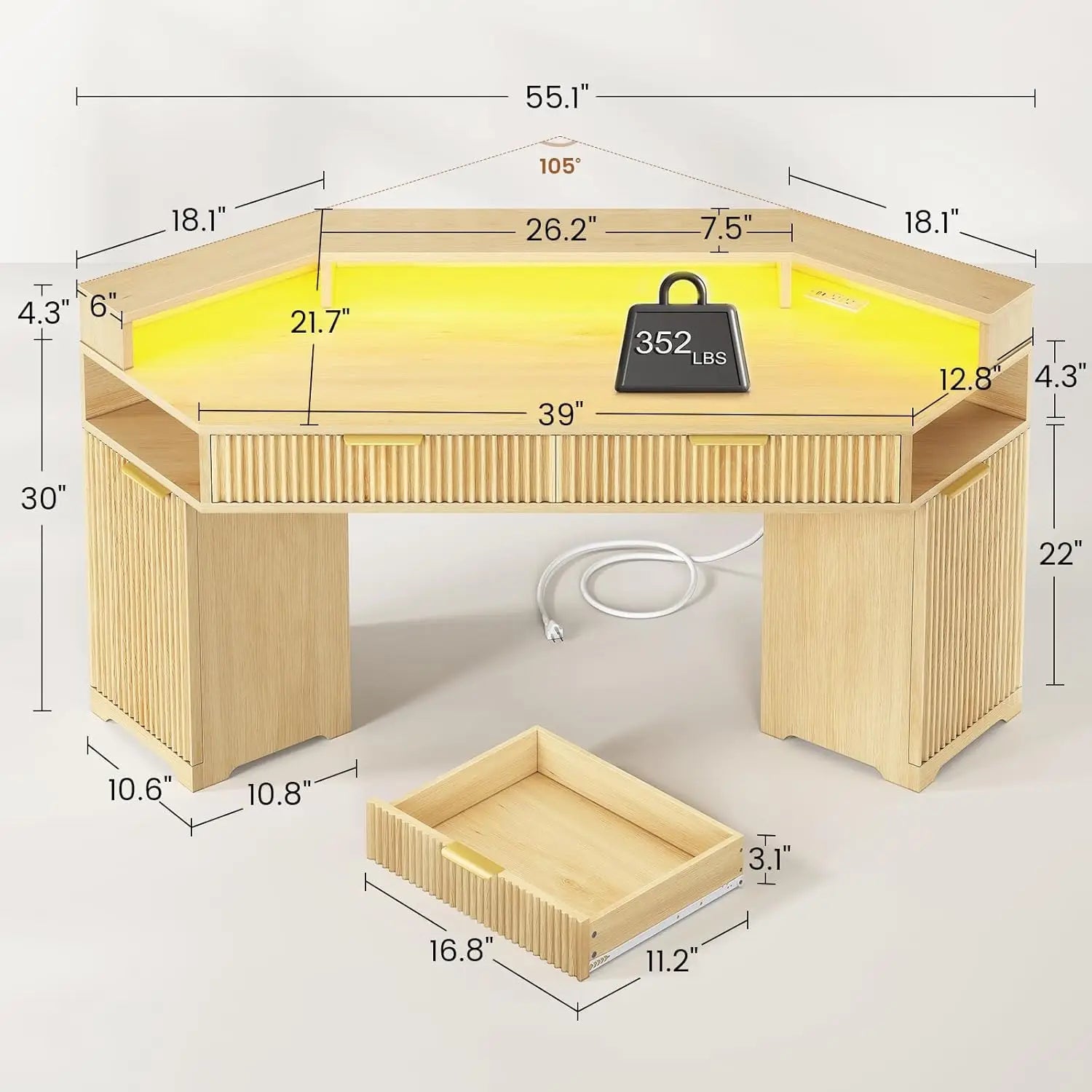 Computer Desk with 2 Drawers, Small Diamond Office Desk with Storage Cabinet for Small Space, Gaming Desk with LED, Customized