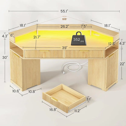 Computer Desk with 2 Drawers, Small Diamond Office Desk with Storage Cabinet for Small Space, Gaming Desk with LED, Customized