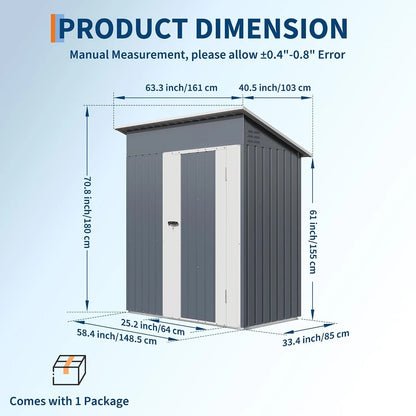 5x3 FT Metal Outdoor Storage Shed Small Garden Tool Shed with Lockable Door Weather Resistant Sloped Roof Ventilation for Backyard Patio Lawn Equipment Garbage Bin Storage
