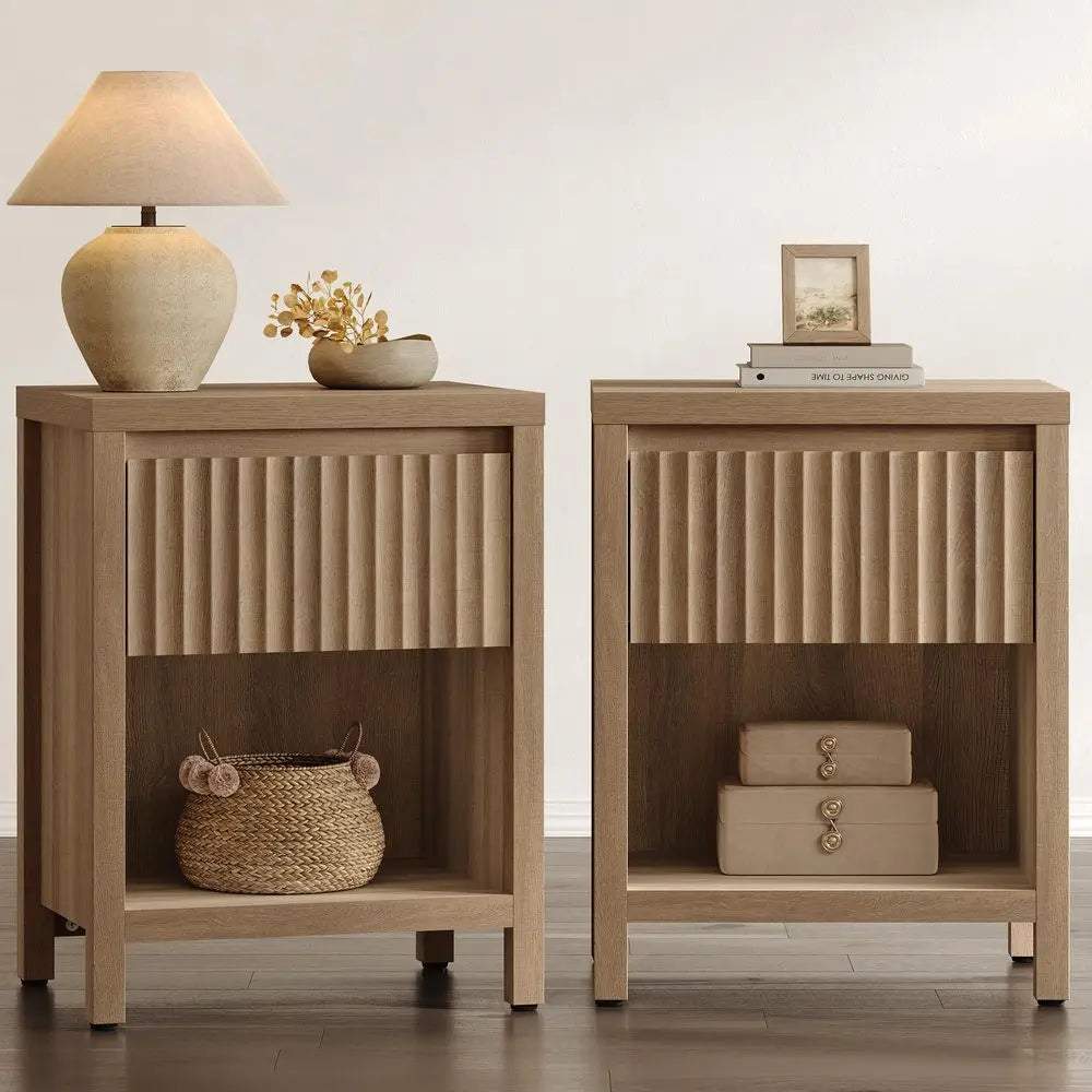 Fluted Night Stand Set of 2, Farmhouse Nightstands with Drawer, Boho Bedside Table with Storage Shelf, Large End Tables Bed Sid